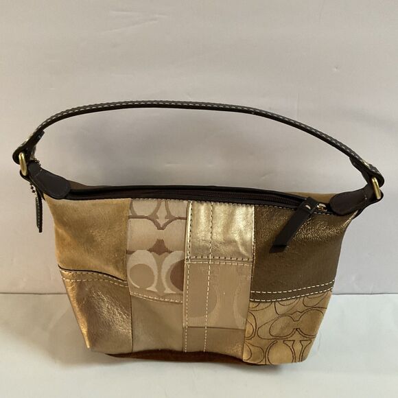 Coach Y2K Gold Patchwork Suede Canvas Metallic Leather Baguette Demi Mimi Bag - Picture 2 of 13